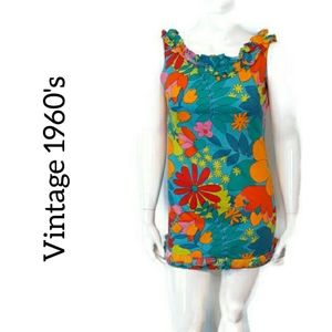 Vintage 1960's Mod Psychedelic Mini Dress Floral Hippie Pikake Fashions Size S